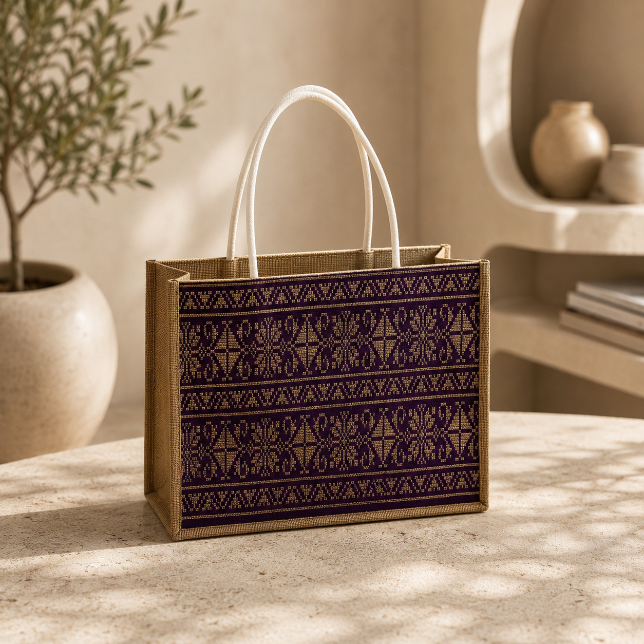 The signature Eggplant Tatreez Tote
